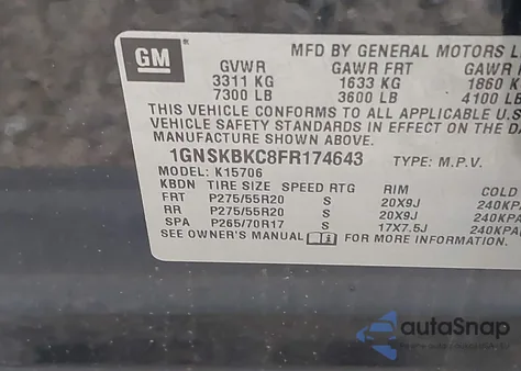 2015 Chevrolet Tahoe Lt из США, поврежденный, VIN 1GNSKBKC8FR174643